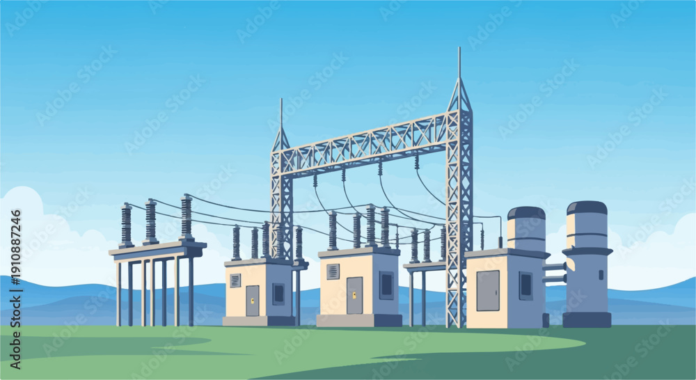 Fototapeta premium Pixel art substation with towers, insulators, and wires under a sky
