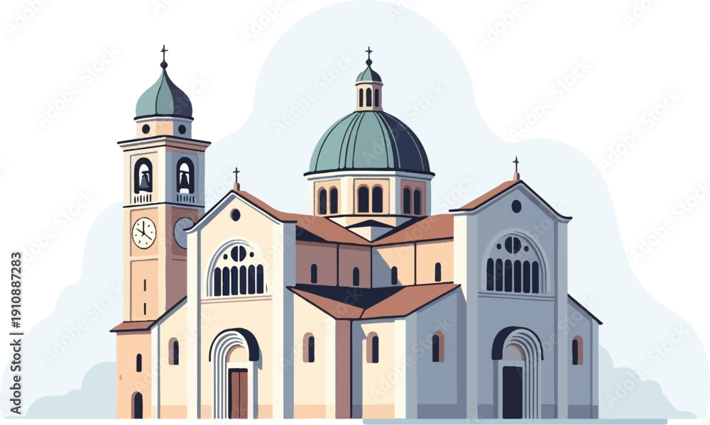 Fototapeta premium Pixelated illustration of a domed cathedral with a bell tower and clock
