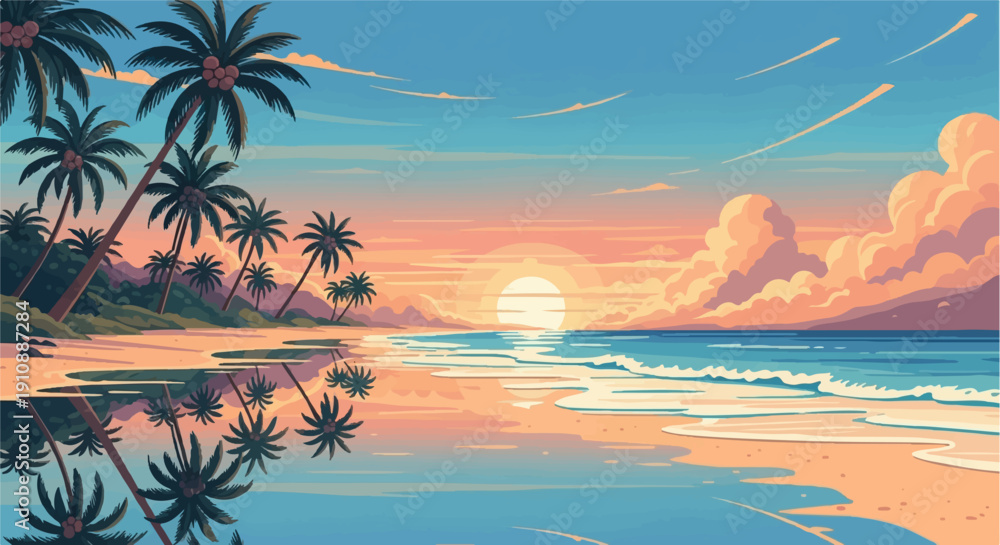 Fototapeta premium Pixel art sunset over a tropical beach with palm trees and calm ocean