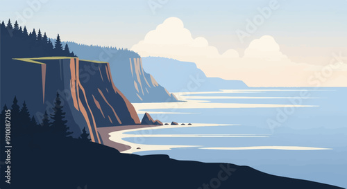Pixelated seaside vista with towering cliffs, serene water, and distant hills