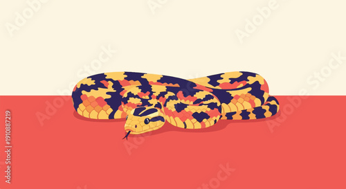 Pixelated serpent coiled on a two-tone background