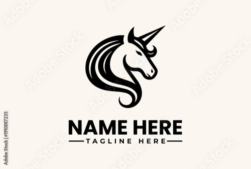 A stylized black unicorn logo illustration with a flowing mane and horn on a cream background, featuring placeholder text for a name and tagline.