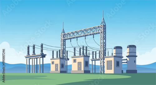 Pixel art substation with towers, insulators, and wires under a sky