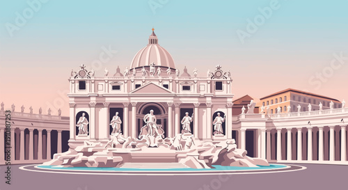 Pixelated iconic plaza with dome and fountain in pastel sky