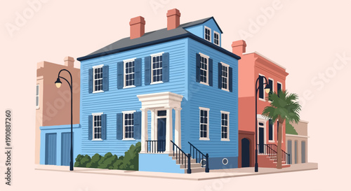 Pixelated houses with shutters, a palm tree, and streetlights line a street