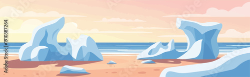 Pixelated icy formations on a sandy shore with ocean and clouds