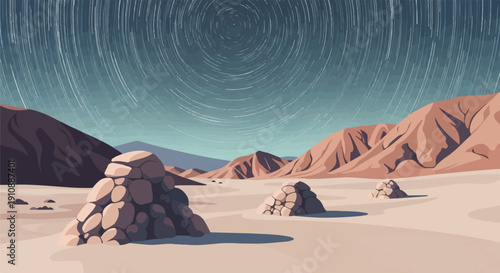 Pixel art desert landscape with star trails circling in a teal sky