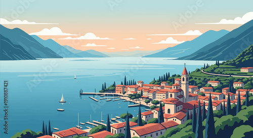 Pixelated lake village with mountains and sailboats under a soft sky