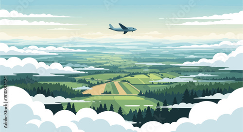 Pixelated airplane flies over a serene, rolling green landscape with clouds