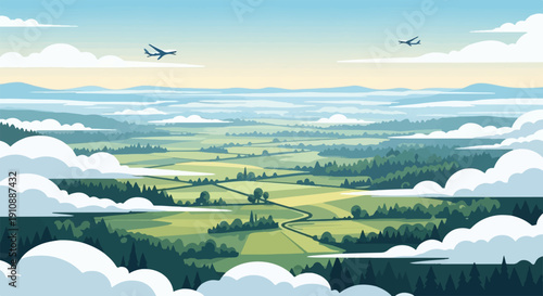 Pixelated aerial view of rolling green hills, clouds, and two gliders