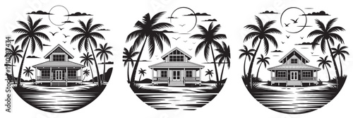 Tropical Beach House Illustration with Palm Trees and Ocean.