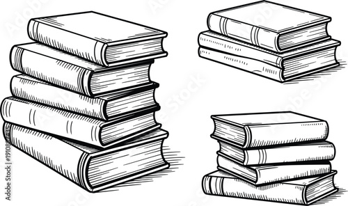 Vintage hand drawn stack of old books vector illustration, antique library and education sketches set