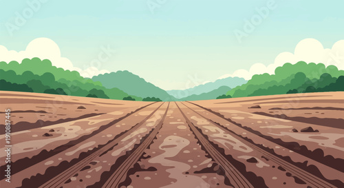 Pixelated landscape showing plowed field leading to green hills under sky