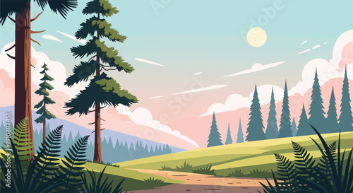 Pixel art forest landscape with rolling hills, trees, and a soft sky