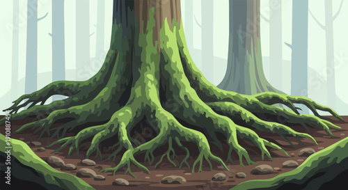 Pixel art forest scene with prominent moss-covered tree roots