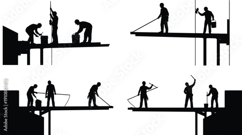 Silhouette, collection, of, professional, businessmen, in, suits, combined, with, construction, workers, engineers, masonry, experts, and, heavy, machinery, on, white, background.
