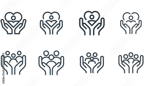 Community care icon set with group of people and heart support concept isolated on white background
