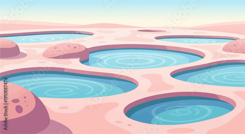 Pixel art geothermal pools in a pastel desert landscape