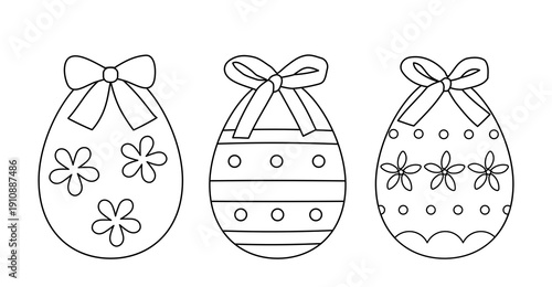 Set of Easter egg tied with bows outline coloring pages.
Happy Easter egg coloring template for kids.
Cute patterned Easter egg line art.
White background. SVG.