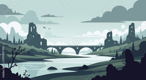 Pixelated landscape with ancient ruins, bridge, river, and birds under a cloudy sky