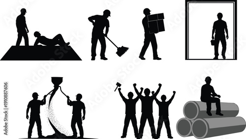 Silhouette, collection, of, construction, workers, engineers, surveyors, and, businessmen, plus, heavy, machinery, like, excavators, and, tractors, on, a, white, background.