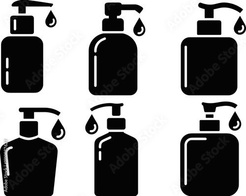 Soap pump bottle silhouettes, sanitizer dispenser icons, hygiene packaging shapes, liquid soap containers, bathroom wash accessories, isolated black vector