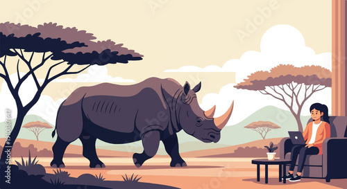 Person working on laptop in an armchair with a rhino walking outdoors