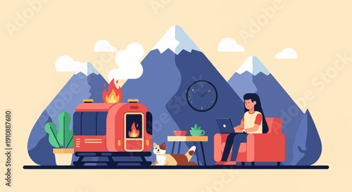 Person working on laptop by fireplace with cat and mountains