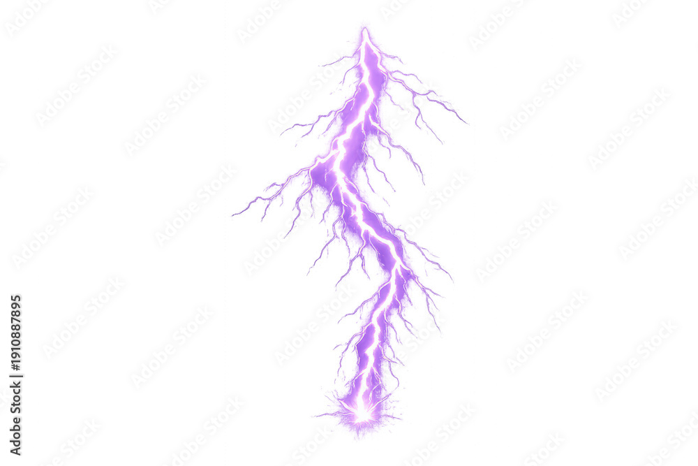 Fototapeta premium Purple lightning bolt striking down, visualizing power, electricity, and storm energy on transparent background