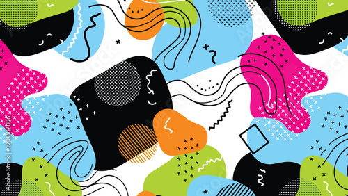 Vibrant abstract memphis pattern in colorful shapes and bold lines on white background for graphic design