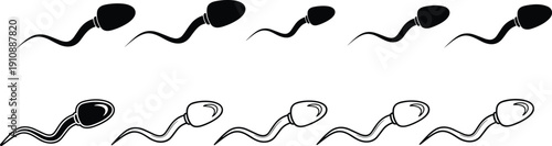 Sperm icon set in silhouette and outline styles reproductive cell fertility vector symbols isolated on white background collection