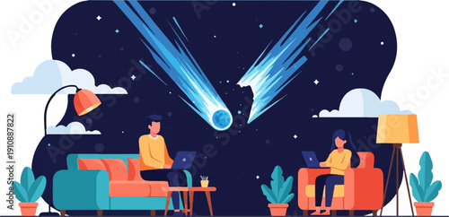 People working on laptops indoors under a sky with a meteor shower