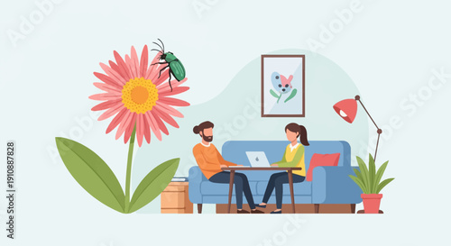 People working on laptops near a large flower with a beetle