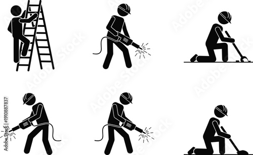 Silhouette, collection, of, construction, workers, engineers, surveyors, and, businessmen, plus, heavy, machinery, like, excavators, and, tractors, on, a, white, background.