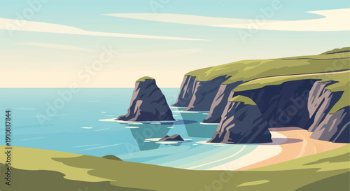 Pixel art coastal scene with green cliffs, ocean, and sandy beach