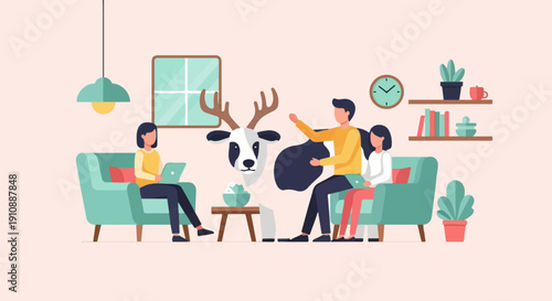 People relax indoors with a deer, a cow, and plants in modern setting