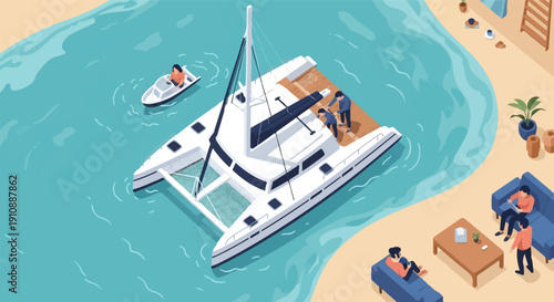 People relax near a catamaran on a beach with a jet ski nearby