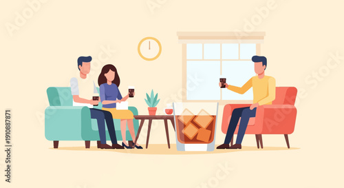 People relax with drinks on sofas in a cozy room