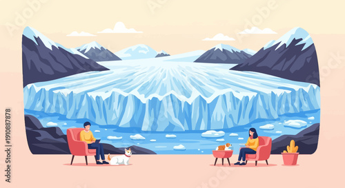 People relax near a vast glacial landscape with mountains and icebergs