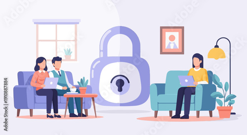 People working on laptops near a large padlock symbol