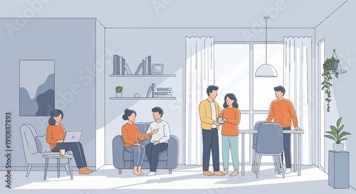 People relaxing and working in a brightly lit room with plants