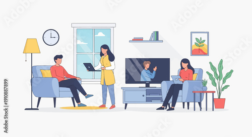 People relaxing and working in a living room with technology