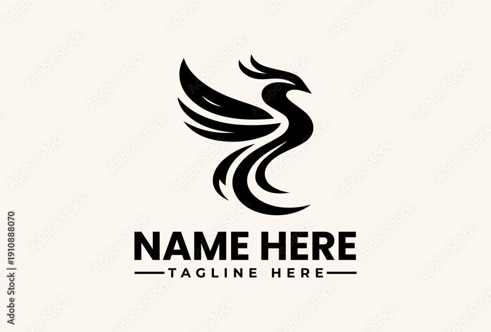 Fototapeta premium Black and white illustration of a stylized bird logo with flowing lines, accompanied by a 'NAME HERE' and 'TAGLINE HERE' text on a beige background, showcasing a modern pictogram design.