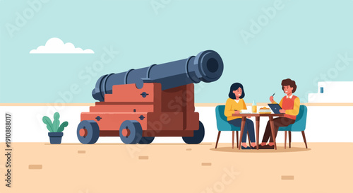 People dine outdoors near an old cannon under a cloudy sky