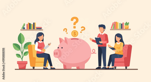 People discuss finances near a piggy bank with a coin and question marks