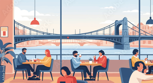 People enjoy coffee at a cafe with a city bridge view