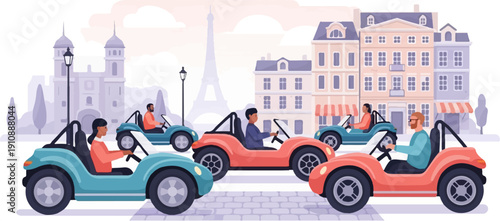 People driving open-top cars in a city with iconic landmarks