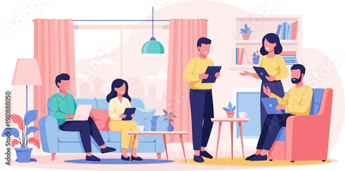 People collaborating on laptops and tablets in a cozy living room setting