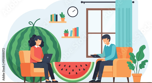 People working on laptops near giant watermelon and plants inside room