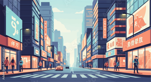 Pixel art cityscape with people walking on sidewalk next to buildings